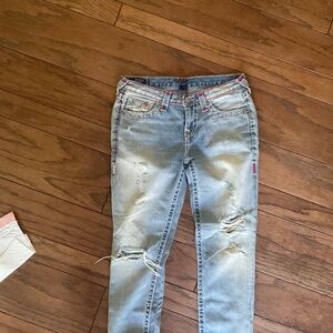 True Religion Audrey distressed crop jeans with hot pink stitching.  Size 26